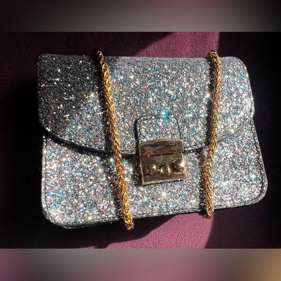 French Connection Handbags - French Connection Glitter Bag with Gold chain Never used.